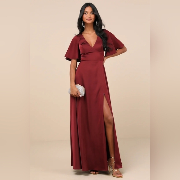 Lulus Elegant Confidence Red Satin Flutter Sleeve Cutout Maxi Dress Wedding - Picture 2 of 9